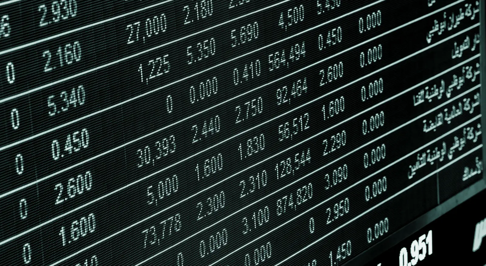 Detailed view of a stock market screen showing numbers and data, symbolizing financial trading.