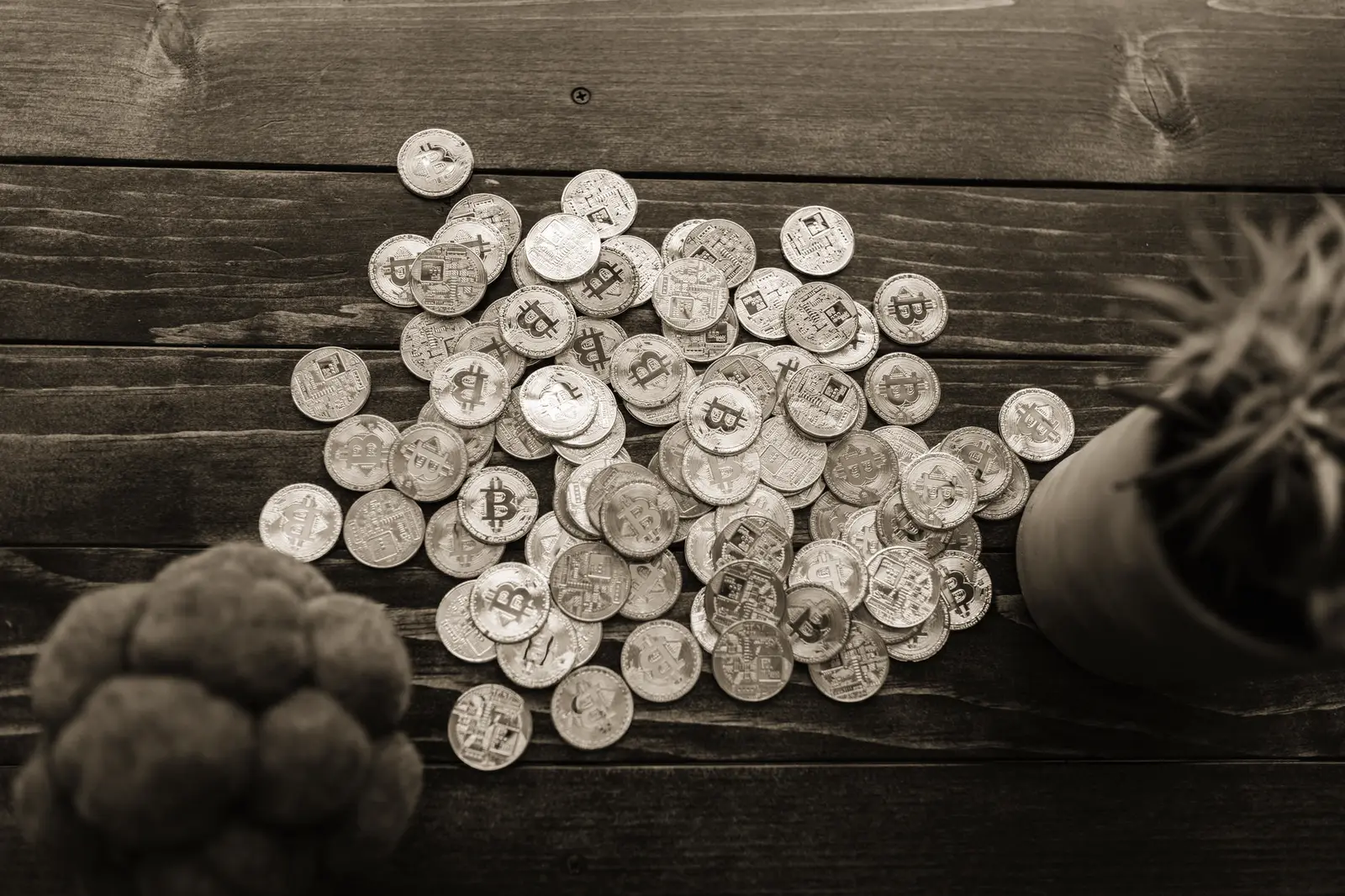 Gold and silver bitcoin coins mixed on a wooden surface with potted plants.