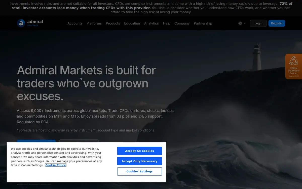 Screenshot of admiralmarkets.com taken 4 August 2026 showing the Admiral Markets homepage as published on that date